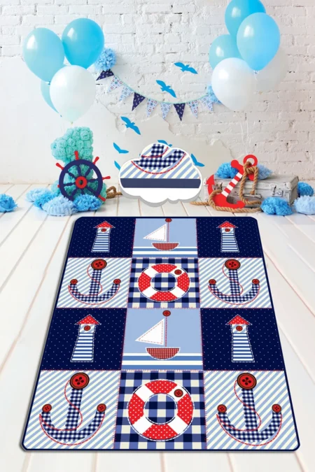 Ship Blue Dekoratif Özel Tasarım Ince Yıkanabilir Leke Tutmaz Modern Çocuk Halısı